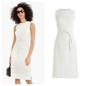 NEW J. CREW Textured Tweed Belted Sheath Dress Fringe Sleeveless Ivory Size 12